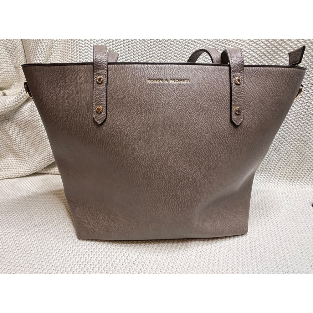 Poppy & Peonies Taupe Grey Pebbled Vegan Leather Tote Bag Gold Hardware Travel